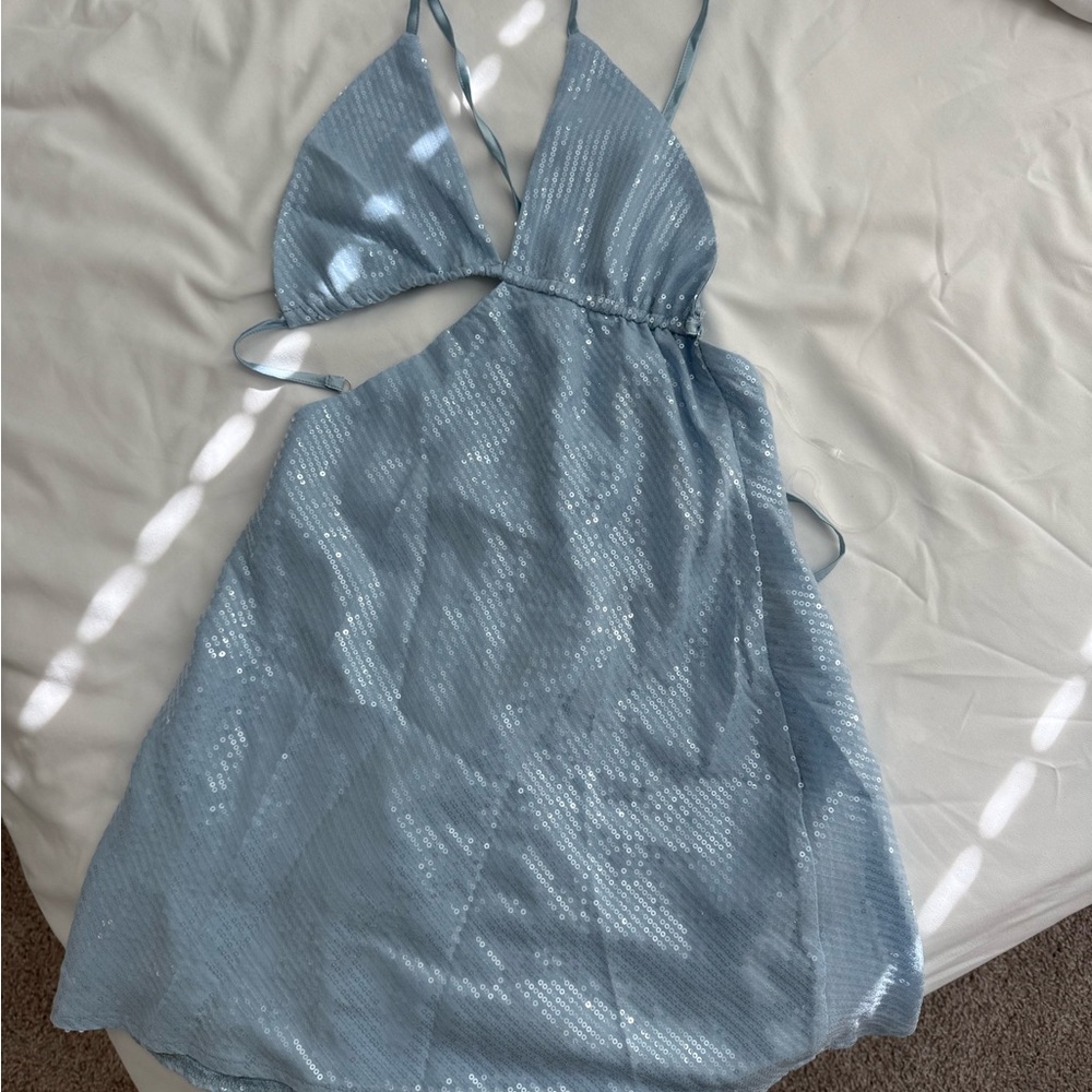 Peppermayo Sky Blue Sequin Halter Dress